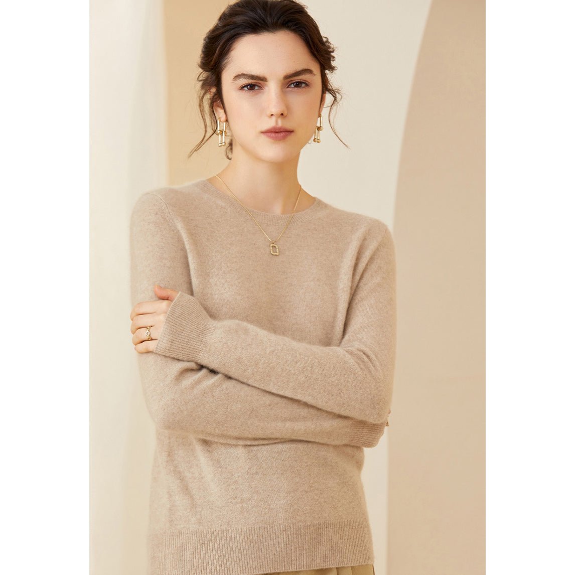 Womens Cashmere Crew Neck Sweater Long Sleeves Pullover Cashmere Tops Beige XS