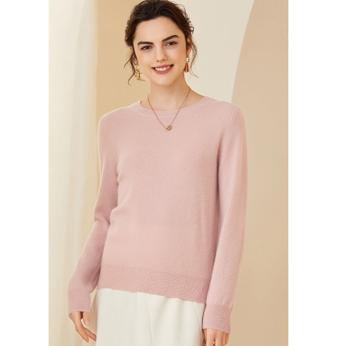Womens Cashmere Crew Neck Sweater Long Sleeves Pullover Cashmere Tops Pink XS