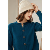 Womens Crew Neck Button Up Cashmere Cardigan With Ribbed Trim Ocean Blue XS