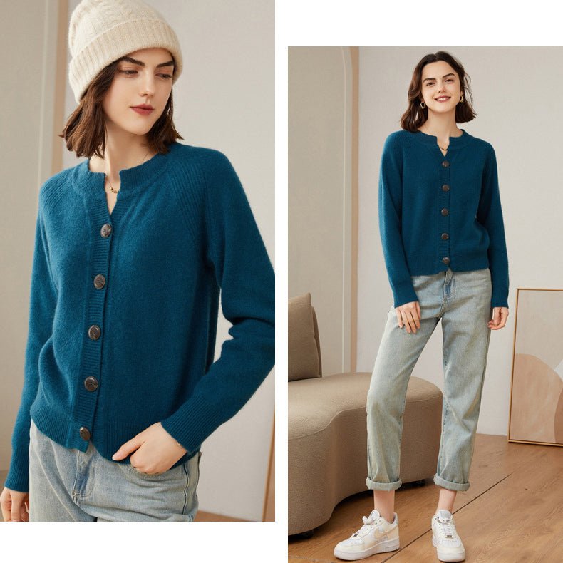 Womens Crew Neck Button Up Cashmere Cardigan With Ribbed Trim Ocean Blue XS