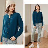 Womens Crew Neck Button Up Cashmere Cardigan With Ribbed Trim Ocean Blue XS