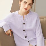 Womens Crew Neck Button Up Cashmere Cardigan With Ribbed Trim Lavender XS