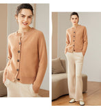 Womens Crew Neck Button Up Cashmere Cardigan With Ribbed Trim Camel XS
