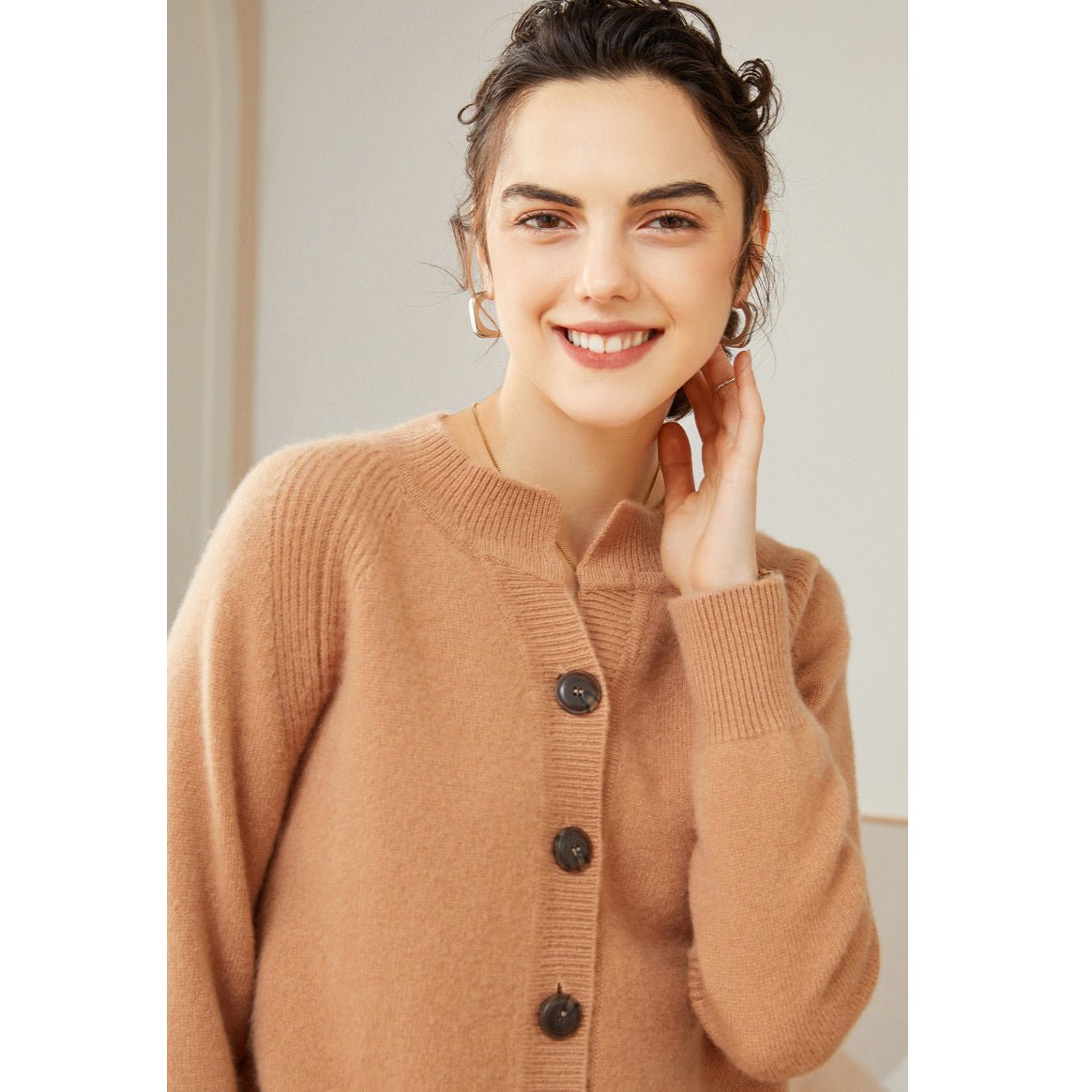 Womens Crew Neck Button Up Cashmere Cardigan With Ribbed Trim Camel XS