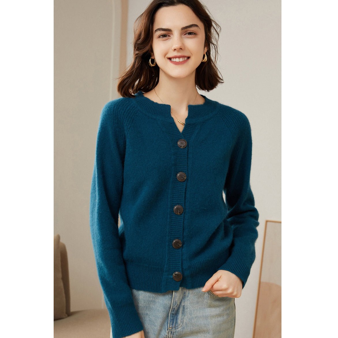 Womens Crew Neck Button Up Cashmere Cardigan With Ribbed Trim Ocean Blue XS