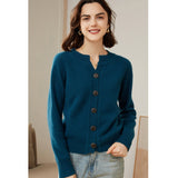 Womens Crew Neck Button Up Cashmere Cardigan With Ribbed Trim Ocean Blue XS