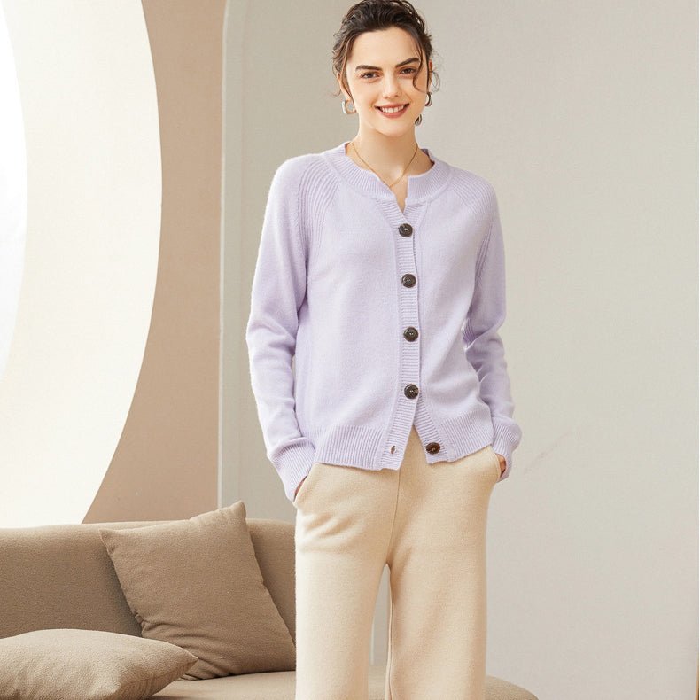Womens Crew Neck Button Up Cashmere Cardigan With Ribbed Trim Lavender XS