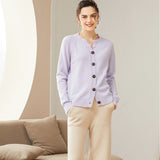 Womens Crew Neck Button Up Cashmere Cardigan With Ribbed Trim Lavender XS
