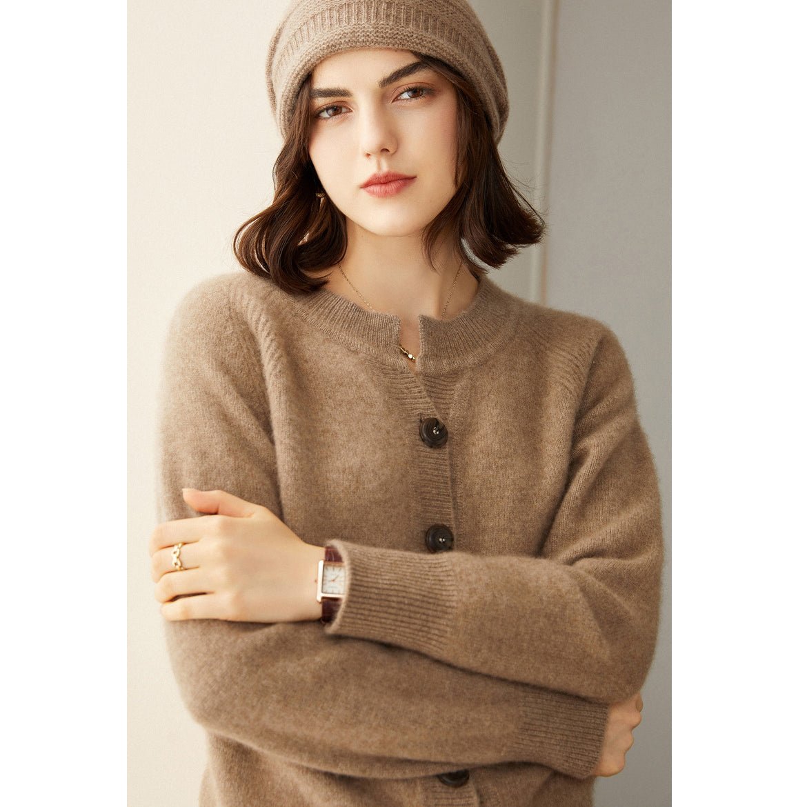 Womens Crew Neck Button Up Cashmere Cardigan With Ribbed Trim Taupe XS