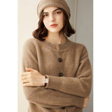 Womens Crew Neck Button Up Cashmere Cardigan With Ribbed Trim Taupe XS
