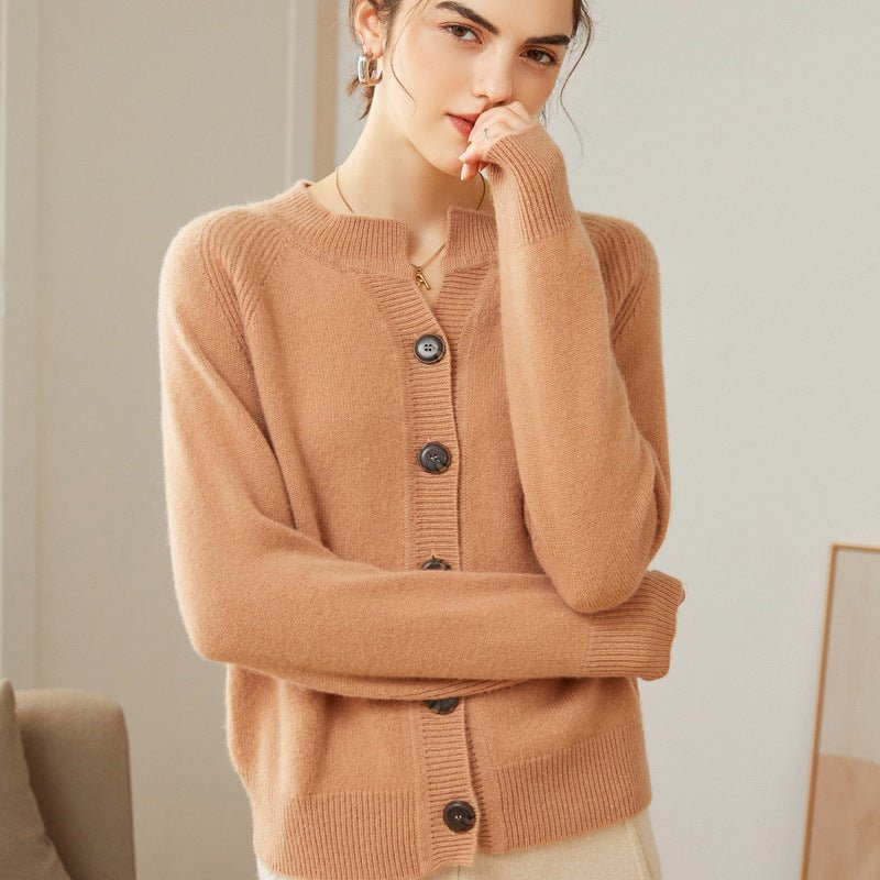 Womens Crew Neck Button Up Cashmere Cardigan With Ribbed Trim Camel XS
