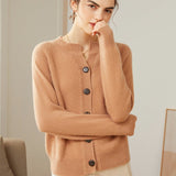 Womens Crew Neck Button Up Cashmere Cardigan With Ribbed Trim Camel XS