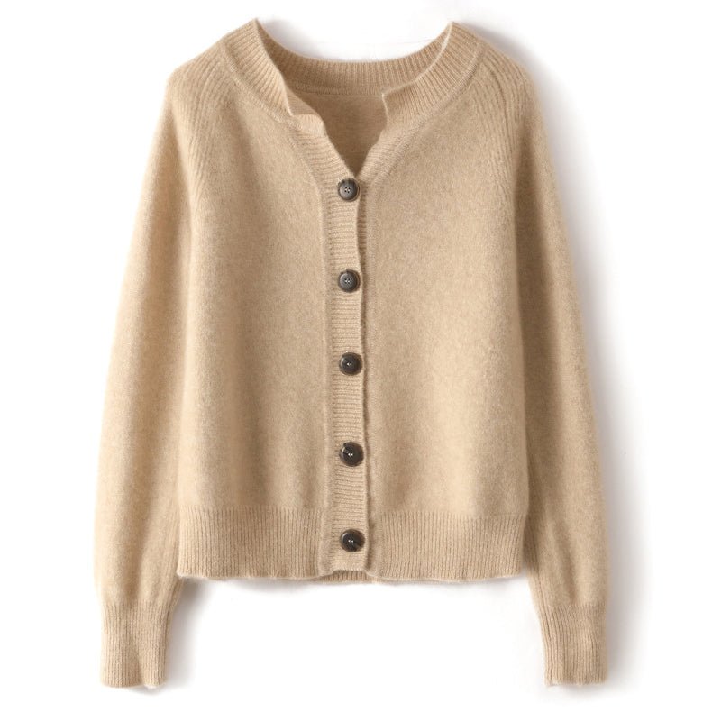 Womens Crew Neck Button Up Cashmere Cardigan With Ribbed Trim Taupe XS