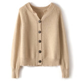 Womens Crew Neck Button Up Cashmere Cardigan With Ribbed Trim Taupe XS