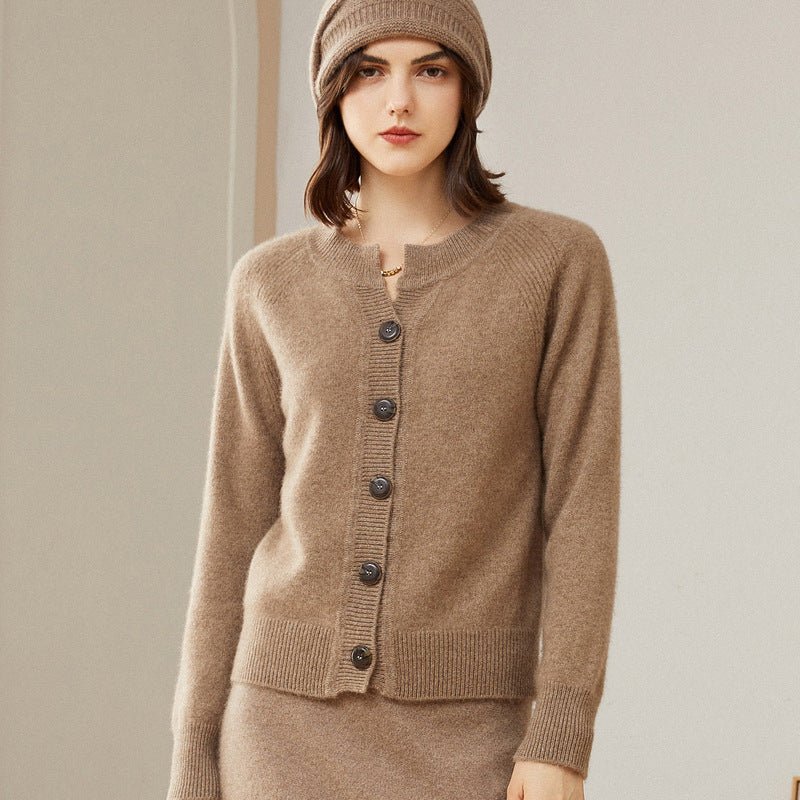 Womens Crew Neck Button Up Cashmere Cardigan With Ribbed Trim Taupe XS