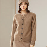 Womens Crew Neck Button Up Cashmere Cardigan With Ribbed Trim Taupe XS
