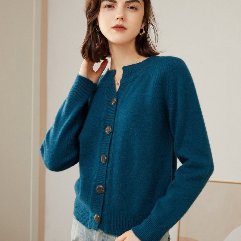 Womens Crew Neck Button Up Cashmere Cardigan With Ribbed Trim Ocean Blue XS