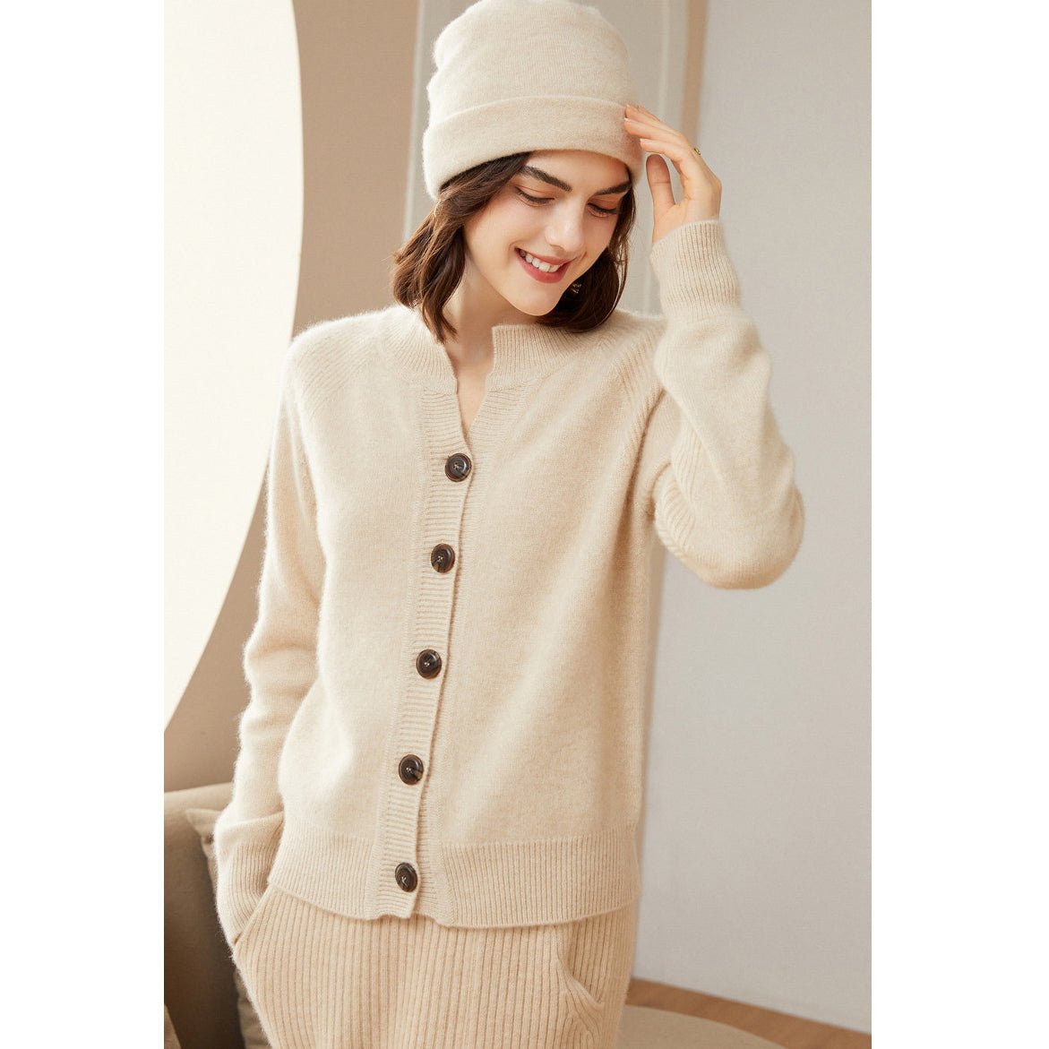 Womens Crew Neck Button Up Cashmere Cardigan With Ribbed Trim Beige XS