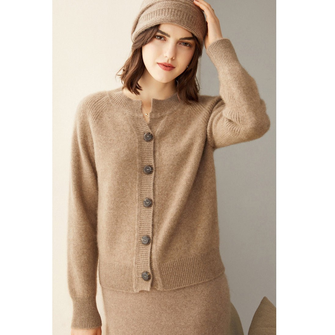 Womens Crew Neck Button Up Cashmere Cardigan With Ribbed Trim Taupe XS