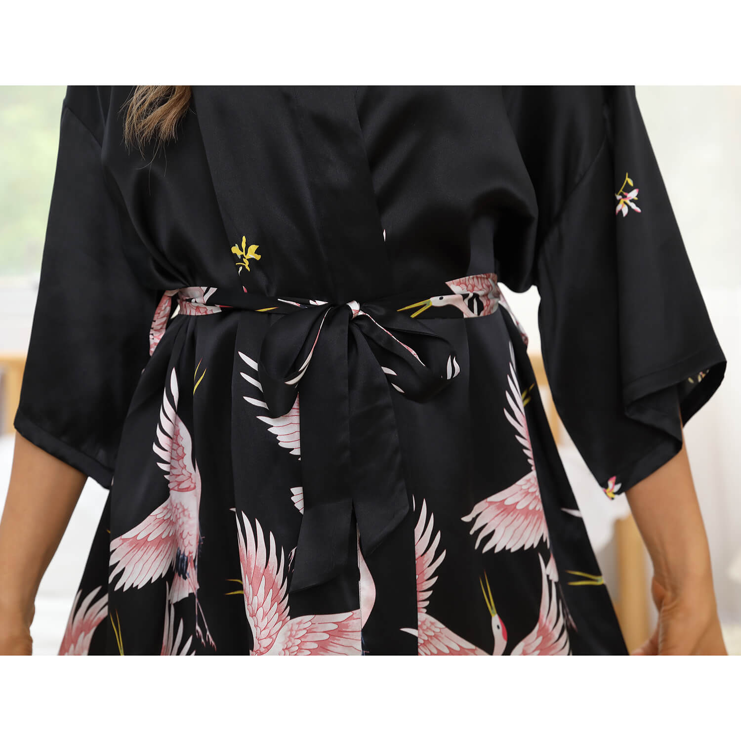Womens Crane Print Silk Kimono Robe Bridesmaid Silk Robes Red One size fits most