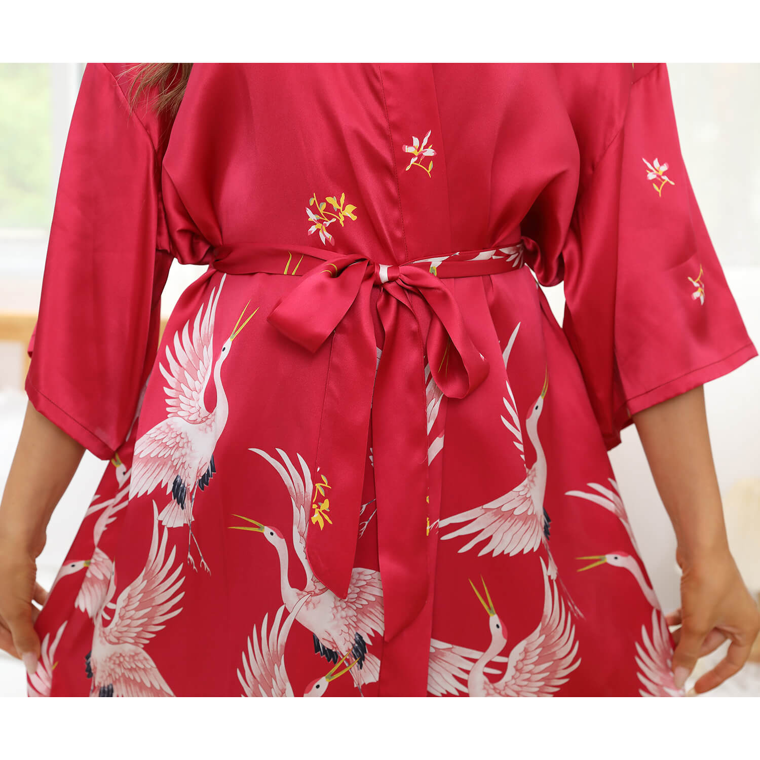 Womens Crane Print Silk Kimono Robe Bridesmaid Silk Robes Red One size fits most