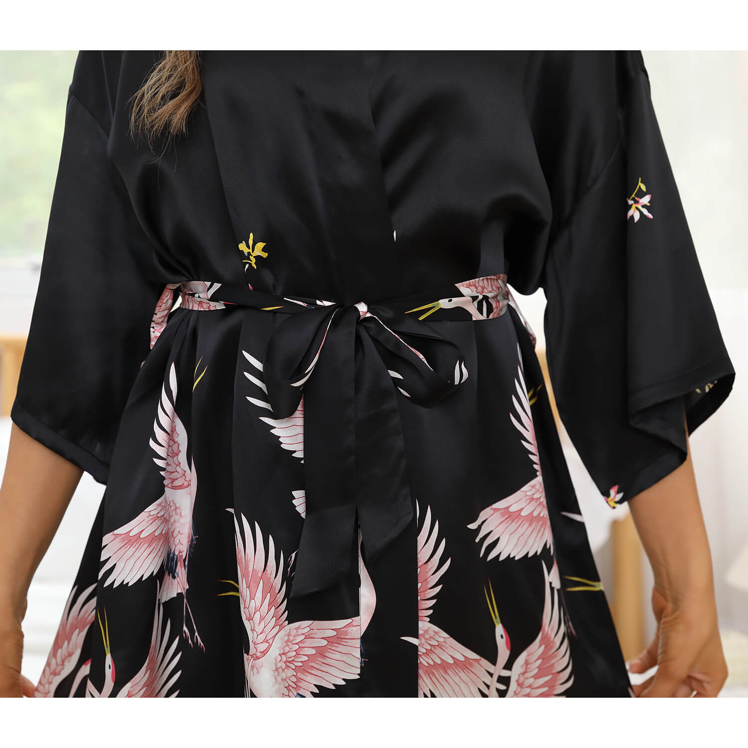 Womens Crane Print Silk Kimono Robe Bridesmaid Silk Robes Red One size fits most