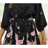 Womens Crane Print Silk Kimono Robe Bridesmaid Silk Robes Red One size fits most