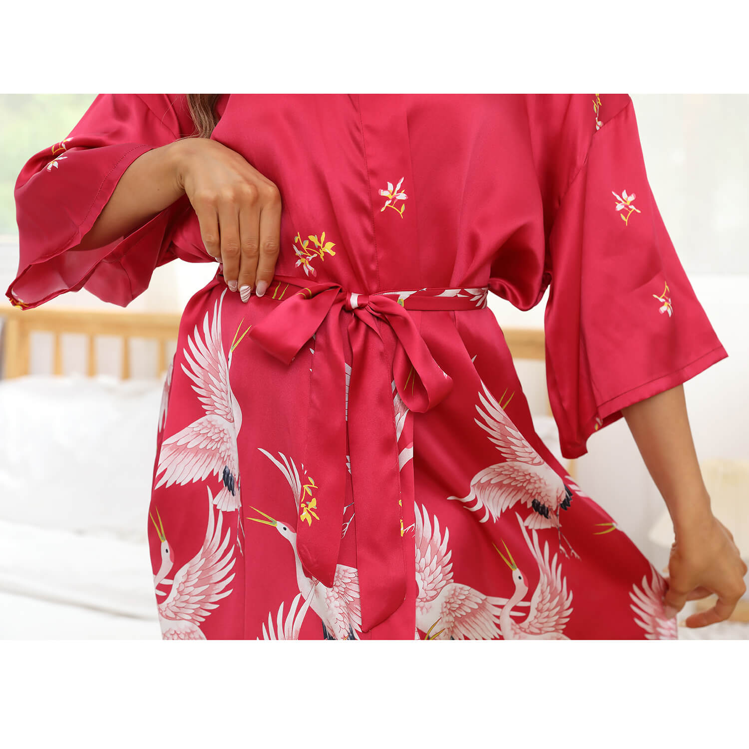 Womens Crane Print Silk Kimono Robe Bridesmaid Silk Robes Red One size fits most