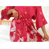 Womens Crane Print Silk Kimono Robe Bridesmaid Silk Robes Red One size fits most
