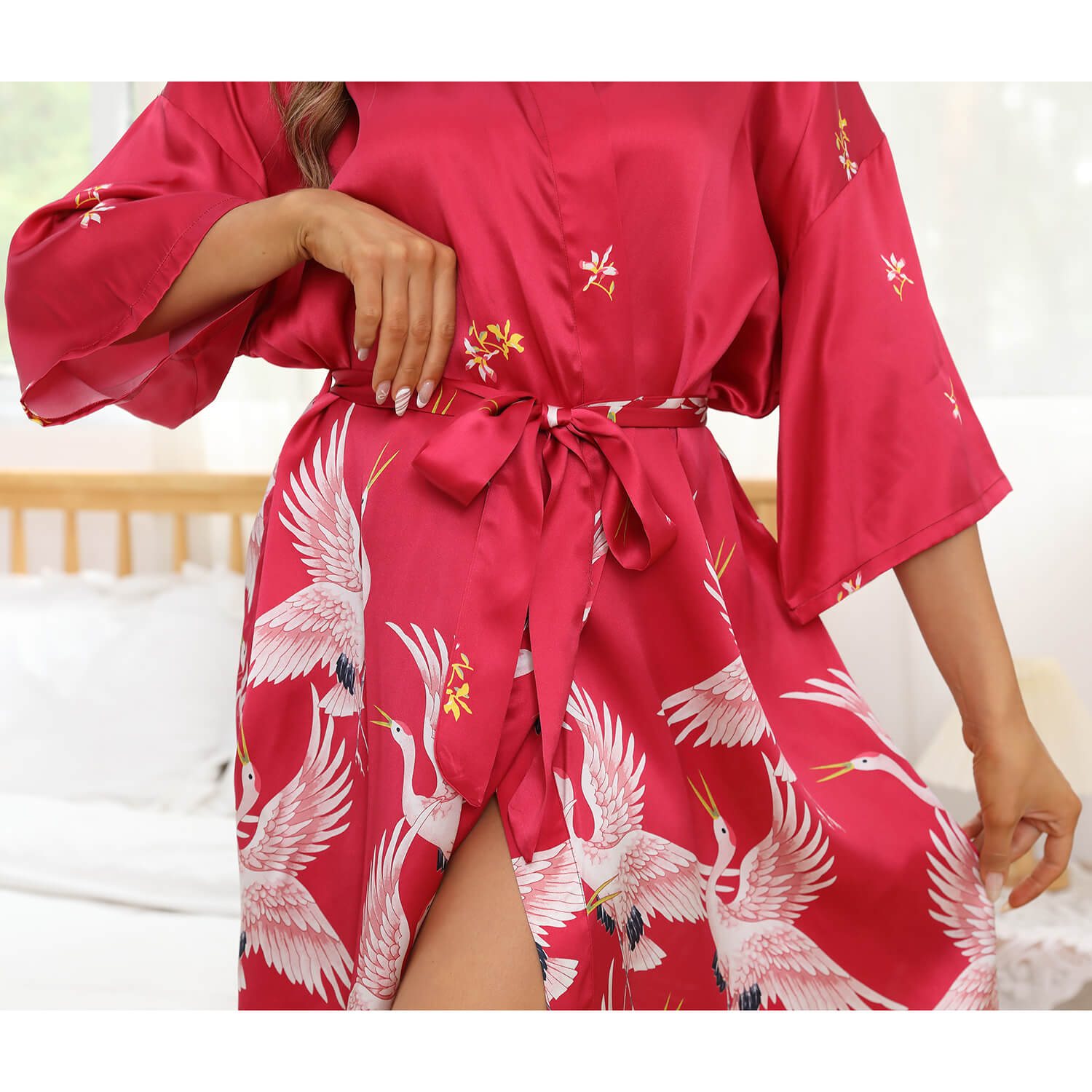 Womens Crane Print Silk Kimono Robe Bridesmaid Silk Robes Red One size fits most