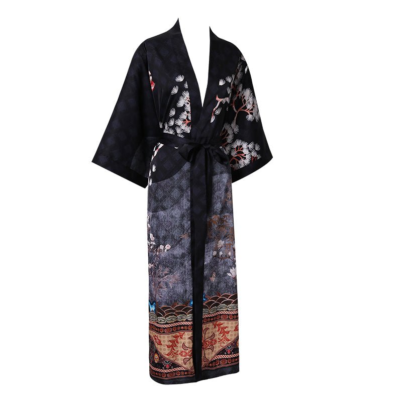 Women's Cranes Print Silk Kimono Robe Blossoms Silk Robe Black One size fits most