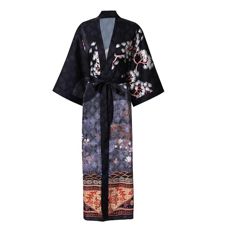 Women's Cranes Print Silk Kimono Robe Blossoms Silk Robe Black One size fits most