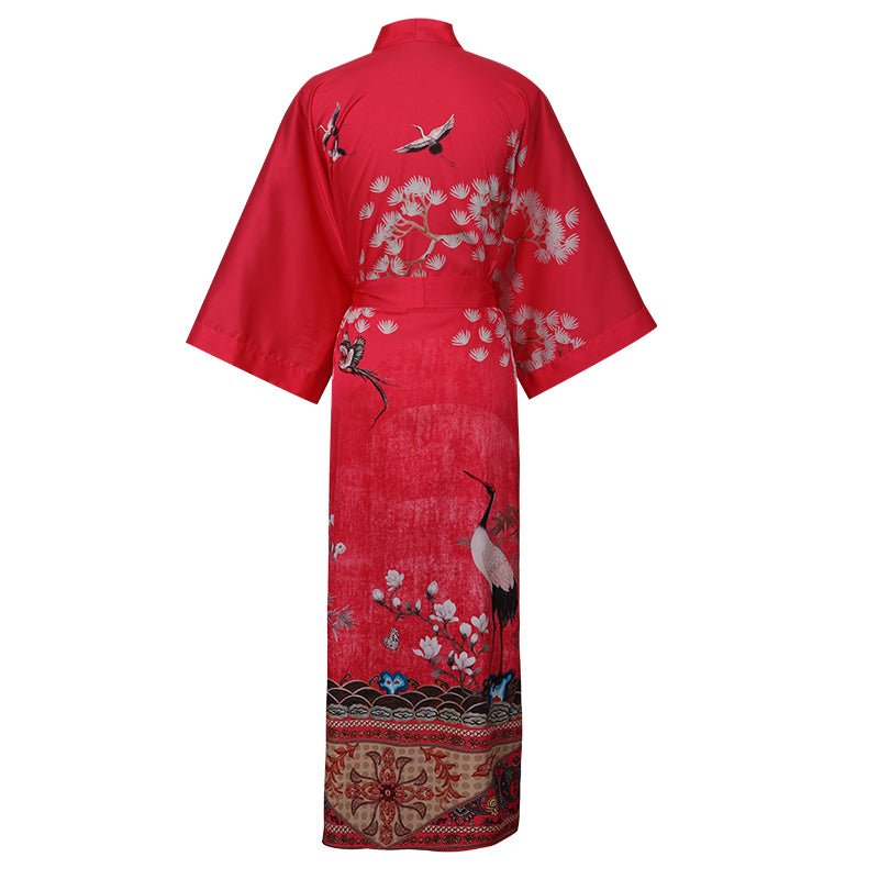 Women's Cranes Print Silk Kimono Robe Blossoms Silk Robe Red One size fits most