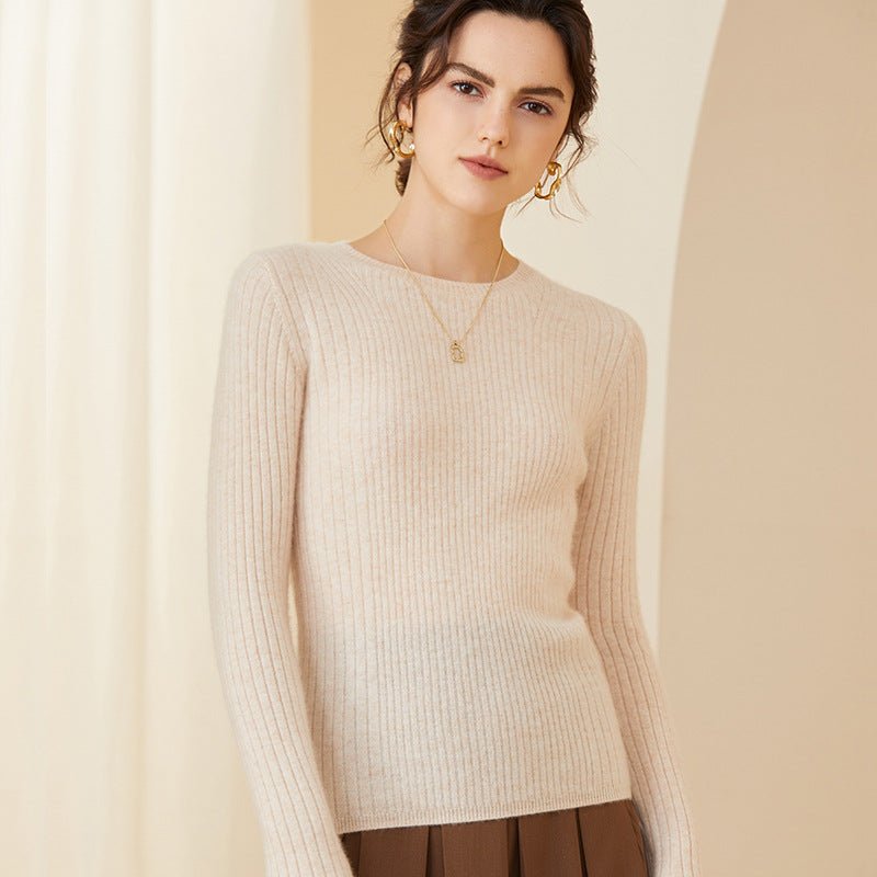Womens Crew Neck Cashmere Rib Knit Sweater Fitted Cashmere Pullover Beige XS