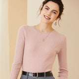 Womens Crew Neck Cashmere Rib Knit Sweater Fitted Cashmere Pullover Pink XS