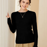 Womens Crew Neck Cashmere Rib Knit Sweater Fitted Cashmere Pullover Black XS