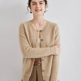 Womens Crew Neck Cashmere Cardigan Button Down Cashmere Sweater Coat Camel XS