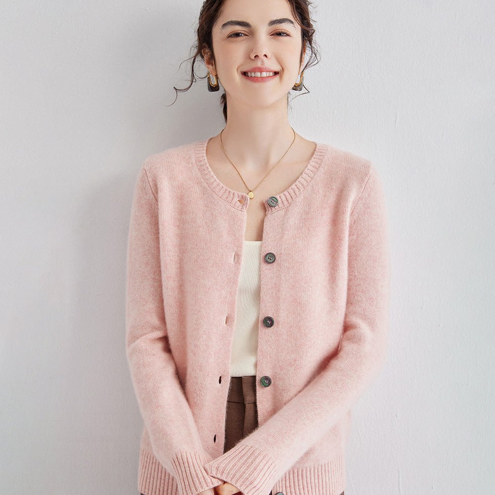 Womens Crew Neck Cashmere Cardigan Button Down Cashmere Sweater Coat Pink XS