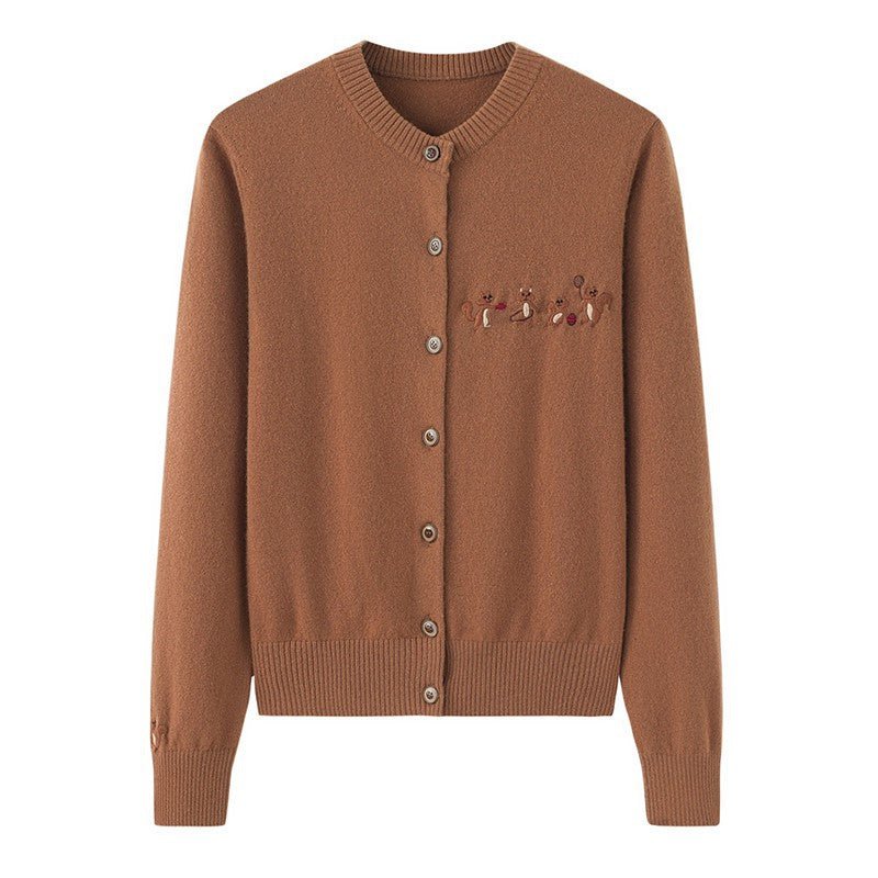 Womens Embroidered Cashmere Cardigan Colorful Button Crew Neck Coat Camel XS