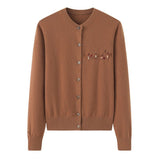 Womens Embroidered Cashmere Cardigan Colorful Button Crew Neck Coat Camel XS