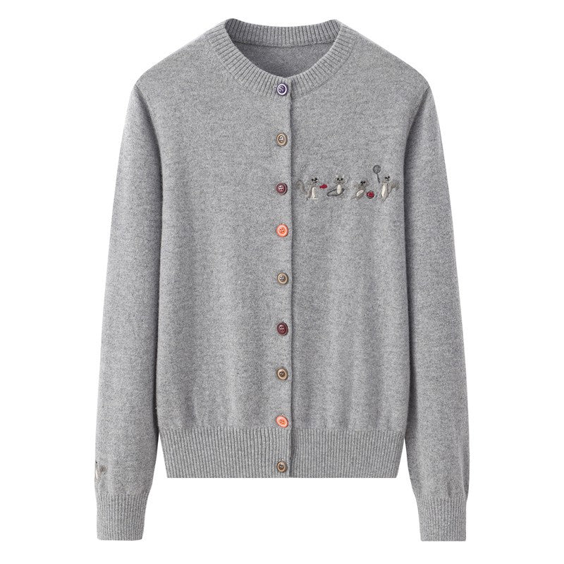 Womens Embroidered Cashmere Cardigan Colorful Button Crew Neck Coat Gray XS