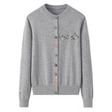 Womens Embroidered Cashmere Cardigan Colorful Button Crew Neck Coat Gray XS