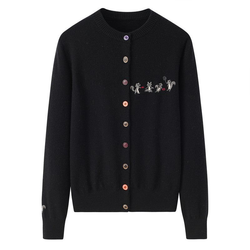 Womens Embroidered Cashmere Cardigan Colorful Button Crew Neck Coat Gray XS