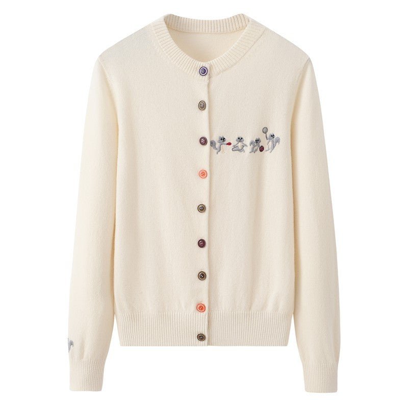 Womens Embroidered Cashmere Cardigan Colorful Button Crew Neck Coat Ivory XS