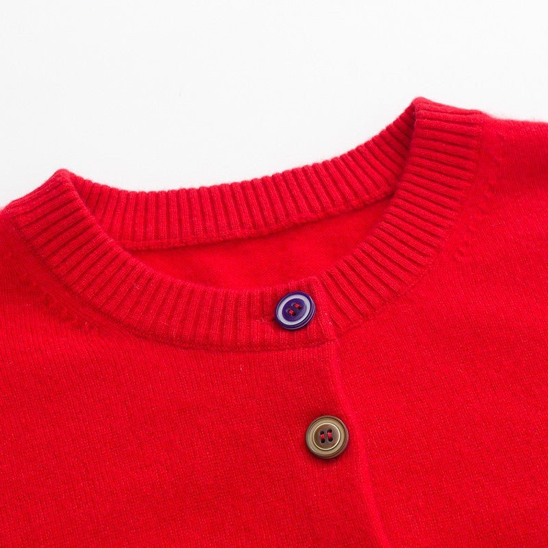 Womens Embroidered Cashmere Cardigan Colorful Button Crew Neck Coat Red XS