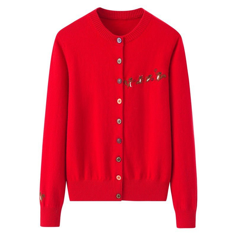 Womens Embroidered Cashmere Cardigan Colorful Button Crew Neck Coat Red XS