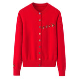 Womens Embroidered Cashmere Cardigan Colorful Button Crew Neck Coat Red XS