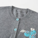 Womens Embroidered Fruit Motif Button Cashmere Cardigan Crew Neck Coat Gray XS