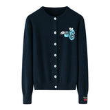 Womens Embroidered Fruit Motif Button Cashmere Cardigan Crew Neck Coat Black XS