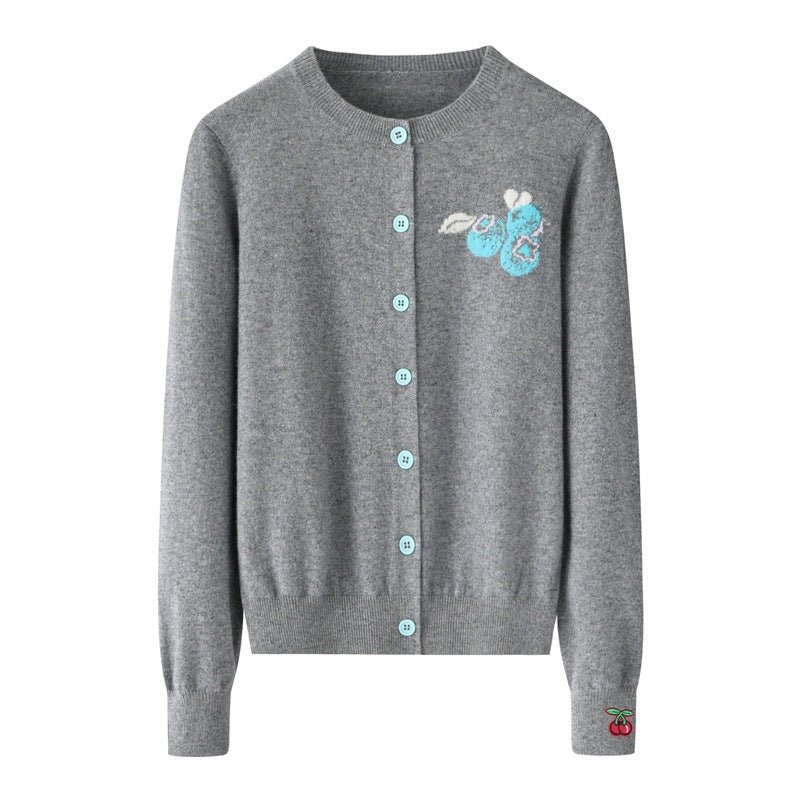Womens Embroidered Fruit Motif Button Cashmere Cardigan Crew Neck Coat Gray XS